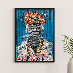 Affiche d'art encadrée portrait cubain — Cuba Azul — Tableau déco mural — Calbarracin — cadre bois — 70 x 50 cm