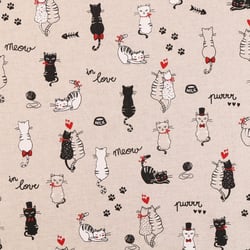 Tissu Toile Coton Aspect Lin Chats amoureux noirs, blancs et rouges sur fond Beige