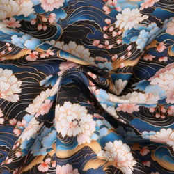 Tissu Coton imprimé  Amehana fleurs Roses pâle sur fond Noir - Au mètre