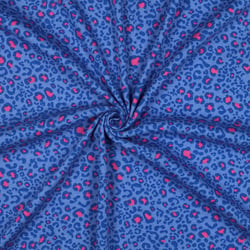 Tissu Jersey Coton côtelé Léopard Bleu nuit & Rose pop sur fond Bleu roi