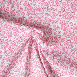 Tissu Popeline de Coton légère floral printanier rose sur fond Blanc