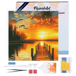 Mini Diamond Painting Broderie Diamant Figured’Art 25x25cm toile tendue sur châssis en bois - diamants ronds - Coucher de Soleil sur le Lac Doré