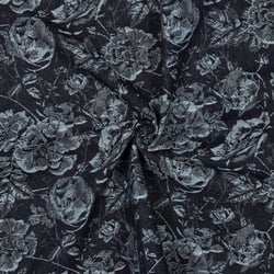 Tissu Jacquard Jean Denim Fleuris Rosyelle sur fond Bleu nuit