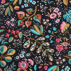 Tissu Coton Enduit Fleurs et feuilles multicolores sur fond bleu marine