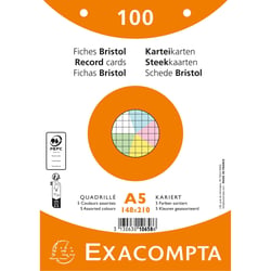 Paquet 100 fiches sous film - bristol quadrillé 5x5 perforé - 148x210mm - Couleurs assorties - x 10 - Exacompta