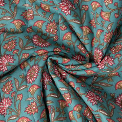 Tissu Coton Matelassé réversible Santal fleuris sur fond Bleu canard