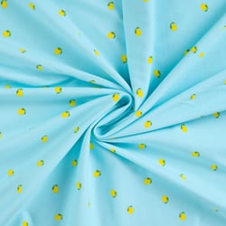 Tissu Jersey Coton imprimés Citrons jaunes sur fond Bleu turquoise