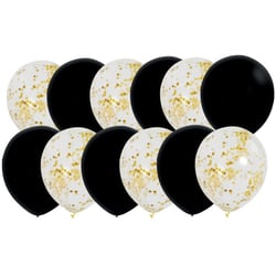 12 Ballons Mix Noir & Transparents Confettis Or   30 cm