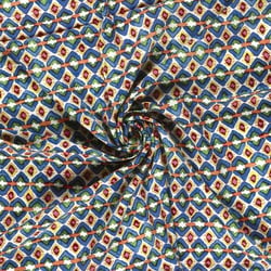 Tissu Viscose imprimé Olympe mosaïque Indigo sur fond Blanc cassé