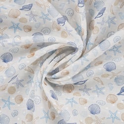 Tissu Voile de Coton Plumetis digital Garance coquillages et crustacées sur fond Blanc