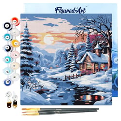 Mini Peinture par Numéro Figured'Art 20x20cm avec cadre Jolie Chaumière sous la Neige - Petit Format