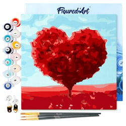 Mini Peinture par Numéro Figured'Art 20x20cm avec cadre Arbre rouge Coeur - Petit Format