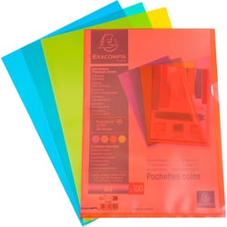 Pochettes plastiques coins - A4 - Couleur - Lot de 100 pochettes - Exacompta