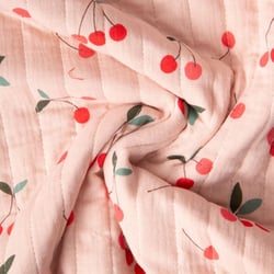Tissu Double gaze de Coton Matelassé Cerises réversible Seersucker rayé sur fond Pêche
