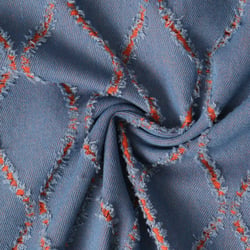 Tissu Jacquard Ondes Texturées Orange sur fond Bleu denim