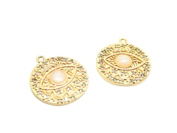 1 Breloque ronde ethnique 18*15mm pierre naturelle opale -  zircons - or 18K