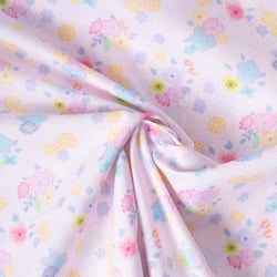 Tissu Popeline de Coton légère Petites fleurs roses, jaunes et bleues sur fond Lilas