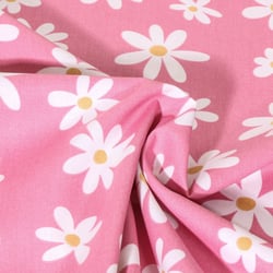 Tissu Popeline de Coton Marguerite blanches sur fond Rose bonbon