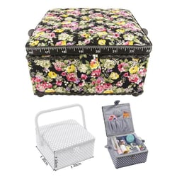 Boîte à couture carrée L20xH11cm Fleurs sur fond noir