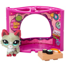 Coffret littlest petshop boutique tokyo sushi café + chat gris + accessoires - 1 figurine pet shop g7 25 - animal domestique - bandai