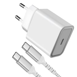 Force Power Chargeur Secteur 25W Power Delivery + Câble Renforcé USB C/USB C Blanc