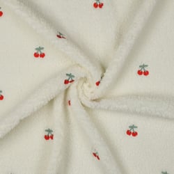 Tissu Bouclettes Cerises brodées sur fond Ecru