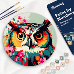 Peinture par Numéro sur disque en bois Figured'Art - Hibou Fantaisie et Fleurs - Kit de Loisir Créatif DIY Numéro d'Art Complet - 30cm de diamètre