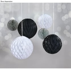 Boules alvéolées à  suspendre, 5/8/10cm coul. assorties, 6pces, noir/blanc/gris