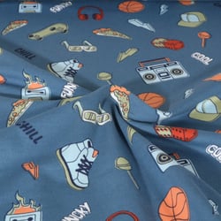 Tissu Jersey Coton Poppy Streetwear urbain sur fond Bleu denim