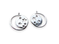 2 Breloques rondes ajourées lune et étoiles - 18*15mm - plaqué argent platine
