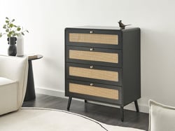 Commode à 4 Tiroirs Noir en MDF et Rotin PE Pieds en Bois avec Poignées Dorés Style Bohème