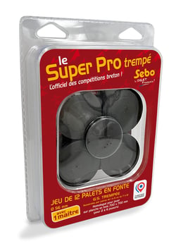 Jeu de 12 palets bretons en fonte GS trempée SEBO, n° de 1 à 6, pour compétition + 1 maître en fonte GS trempée - Sebo