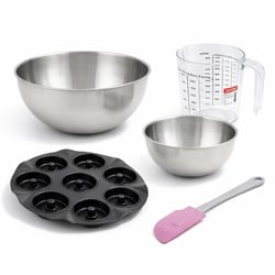 Set pâtisserie avec moule à 8 beignets 33 cm en acier, 2 bols à mixer, verre mesureur et spatule Zenker