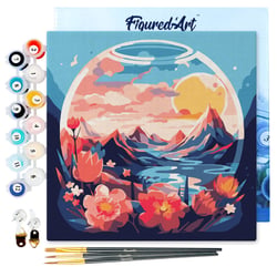 Mini Peinture par Numéros Figured'Art 20x20cm avec cadre Montagnes et boule de verre - Petit Format