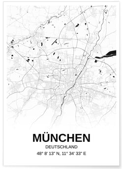 Affiche carte München - rectangle Noir et Blanc | A3 : 29,7x42cm