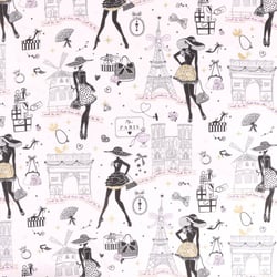 Tissu Coton imprimé Arty Moi Paris Noir, doré et rose sur fond Ecru