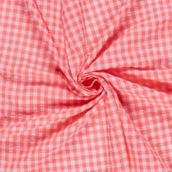 Tissu Seersucker Carreaux rose sur fond Corail Fluo
