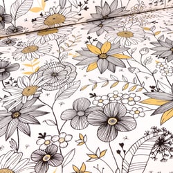 Tissu Toile de Coton Fleurs noires blanches et dorées sur fond Blanc