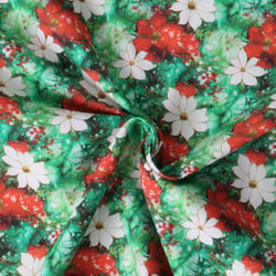 Tissu Coton imprimé  Elvena fleurs de Noël Rouges et blanches sur fond Vert épicéa - Au mètre