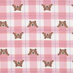 Tissu Flanelle de Coton Poppy Carreaux roses et oursons marron sur fond Blanc