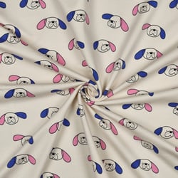 Tissu Sweat léger Bio Jennifer Bouron chiens Bleu et Rose sur fond Ecru