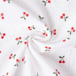 Tissu Double gaze de Coton Ruby petites cerises sur fond Blanc