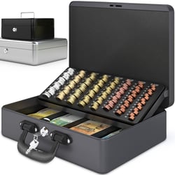 Caisse à Monnaie Professionnelle XL 36x27x11cm- Coffret Monnaie Acier- Monnayeur, 2 clés Compartiments monnaie-Poignée Robuste- ACROPAQ
