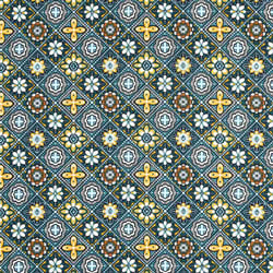 Tissu Toile Cretonne  Marrakech sur fond Bleu canard - Au mètre