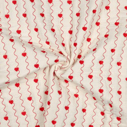 Tissu Double gaze de Coton Matelassé Kaya coeurs brodés Rouge sur fond Ecru
