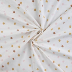 Tissu Jersey Coton Fleurs roses, taupes et or pailleté sur fond Blanc