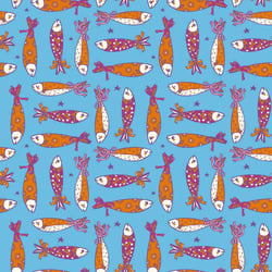 Tissu Popeline de Coton Sardines en Fête Poissons stylisés sur fond Bleu azur