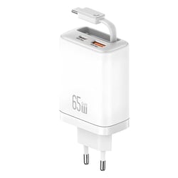 Usams Chargeur GaN 65W 2 Ports USB PD et PPS avec Câble Rétractable USB-C Rapide Blanc