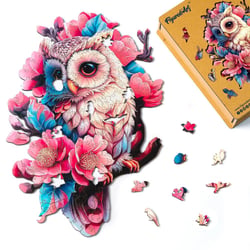 Puzzle en Bois Adulte et Enfant Figured'Art 200 pièces Animaux - Chouette florale - Design Original 28x39 cm Forme Unique avec Coffret en bois Premium, Parfait pour Offrir en Cadeau