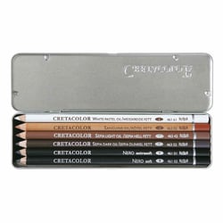 Set 6 crayons gras pour esquisses - blanc, sanguine, sépia clair, sépia foncé, noir extra-tendre, tendre